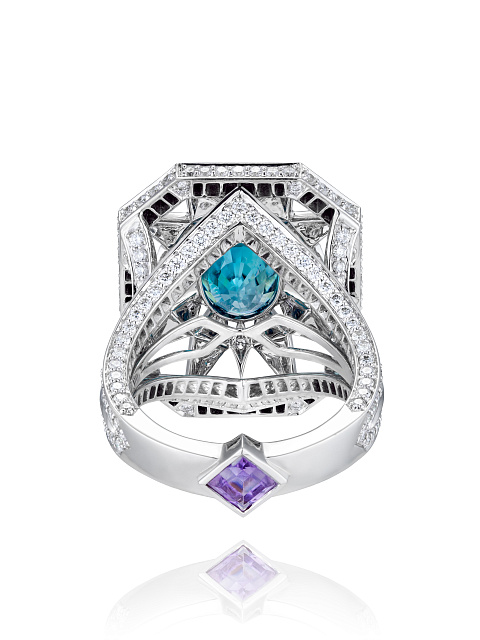 Blue Zircon, Amethyst, Round Diamond & White Gold Ring, 4
