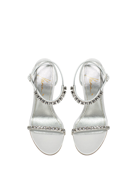 White Leather Sandals With Rhinestones, 4