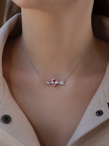 Heart Morganite, Briolette Diamond, Round Diamond & White Gold Necklace, 2