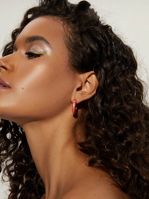 Small rose gold hoops with pink enamel, 3