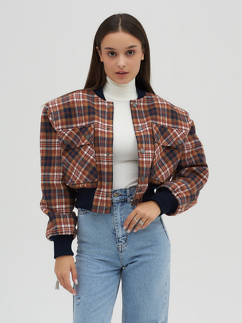 Rust Brown Plaid Cropped Bomber Jacket, 5