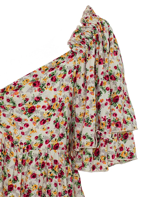 Beige & Red Floral Print Cotton Mini Dress With Ruffles, 3