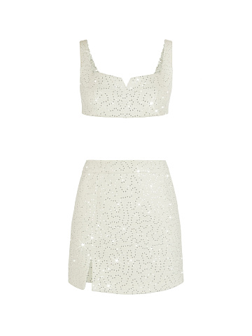 White Tweed & Rhinestone Top & Mini Skirt, 1