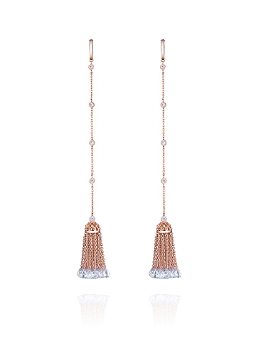 Briolette Rock Crystal & Round Topaz & Rose Gold Tassel Earrings, 1