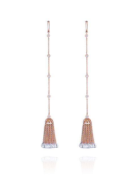 Briolette Rock Crystal & Round Topaz & Rose Gold Tassel Earrings, 1