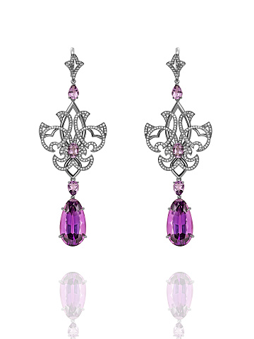 Black Gold Amethyst & Diamonds Fleur-de-Lys Earrings, 1