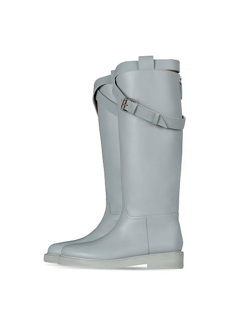 Light Blue Leather Buckled Knee Boots, 1