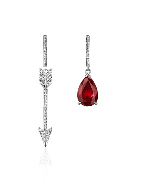Asymmetric white gold earrings with ruby and diamonds, 1 Asymmetric white gold earrings with ruby and diamonds, 1