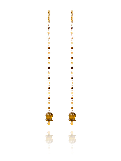 Long yellow gold earrings with quartz, yellow sapphires and tiger’s eye beads, 1