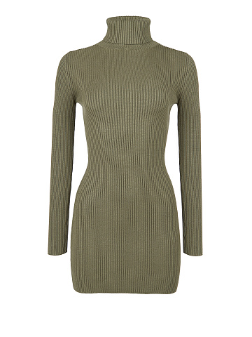 Khaki Green Rib Knit Turtleneck Mini Dress, 1