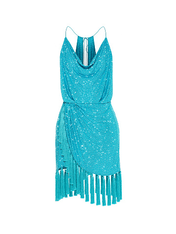 Turquoise Rhinestones & Fringe Mini Dress, 1