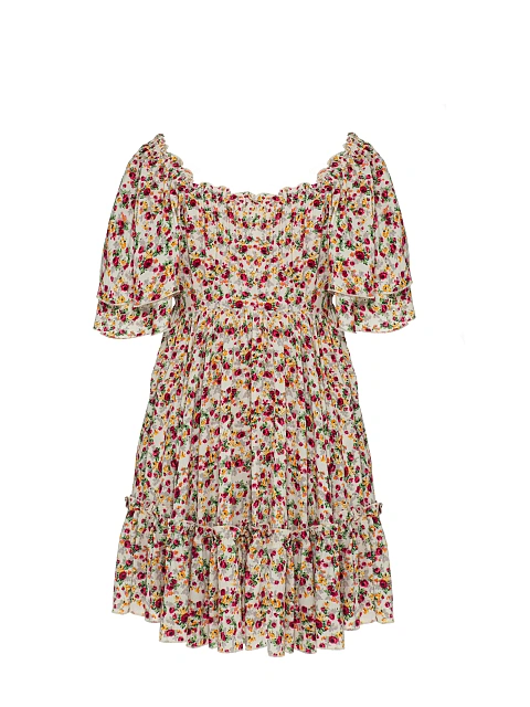 Beige & Red Floral Print Cotton Mini Dress With Ruffles, 2