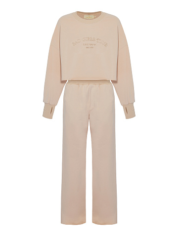 Tonal Embroidery Bad Girls Club Light Beige Jersey Set, 1