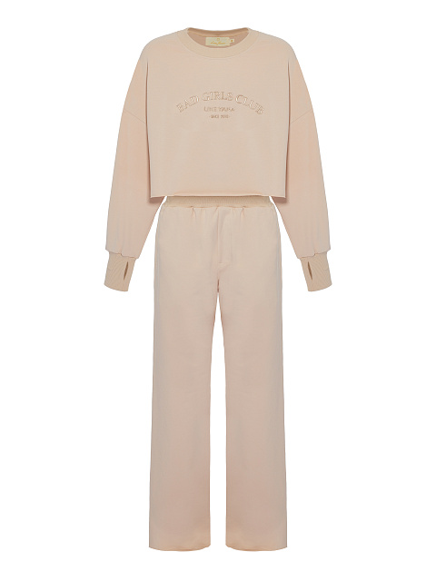Tonal Embroidery Bad Girls Club Light Beige Jersey Set, 1