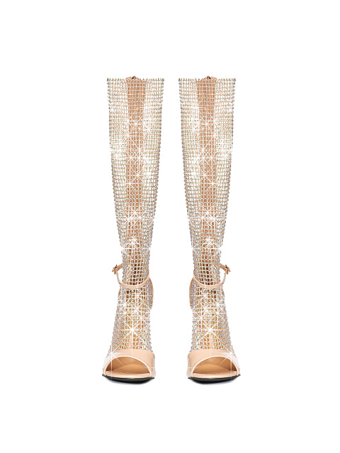 Beige Knee High Mesh Rhinestone Heels, 2