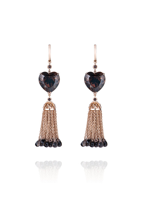 Heart Smoky Quartz, Briolette Smoky Quartz & Rose Gold Tassel Earrings, 1