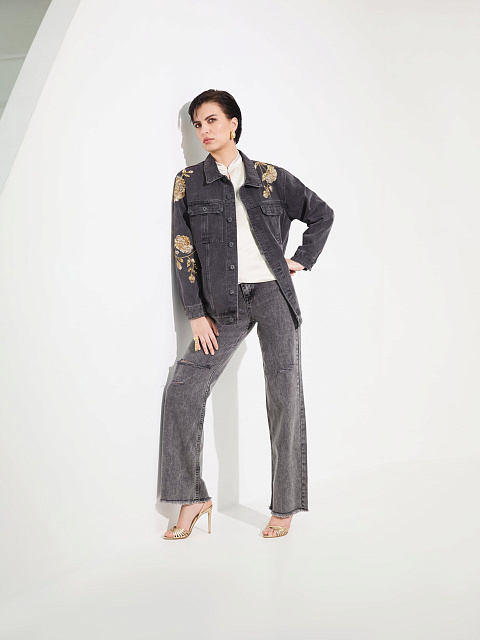 Black Denim Jacket with Floral Embroidery, 4