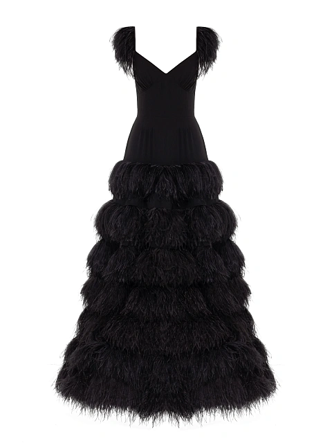 Black Feather Trim Chiffon Maxi Dress, 1
