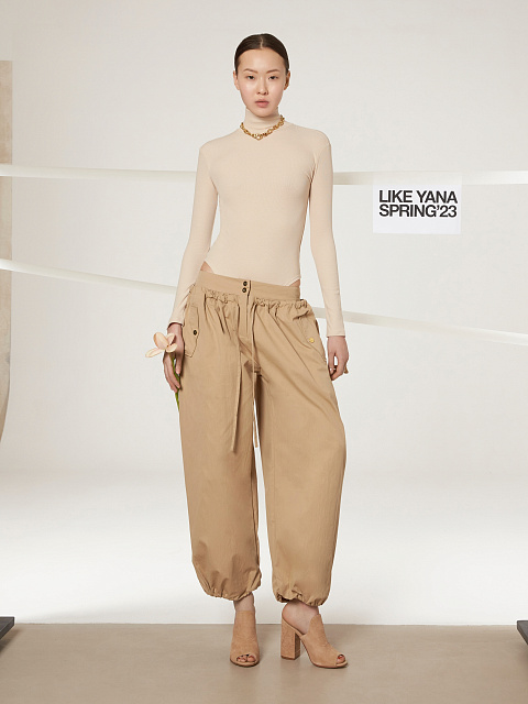 Beige Wide Cotton & Nylon Pants, 4