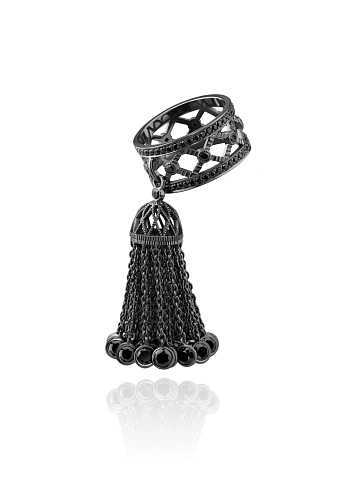 Black Round Cubic Zirconia & Silver Tassel Ring, 1