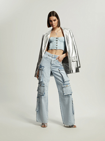 Light Blue Wide Leg Cargo Jeans, 2