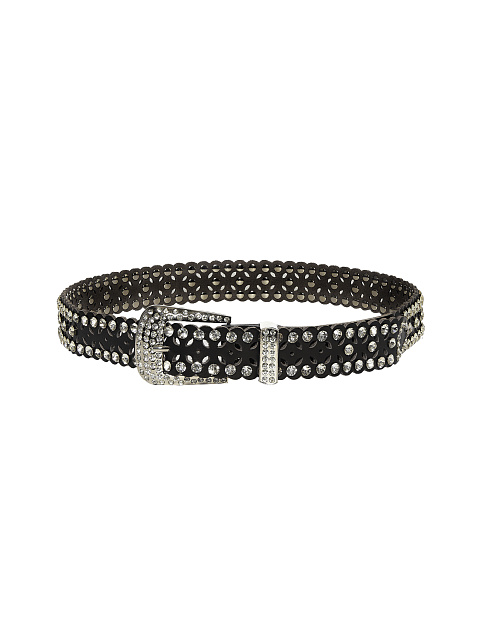 Black Rhinestone Perforated Faux Leather Belt, 3
