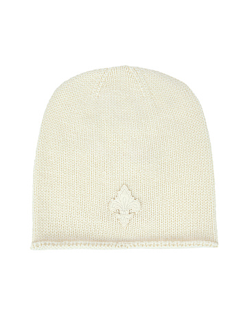 White Fleur De Luce Leather Embroidery Cashmere Beanie, 1
