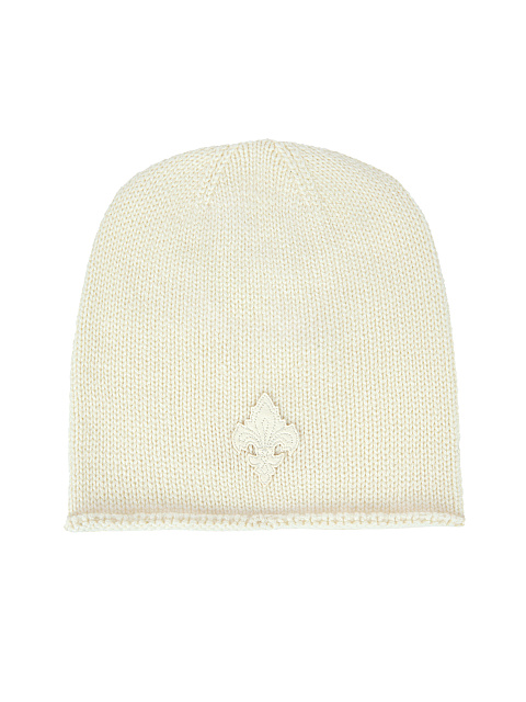 White Fleur De Luce Leather Embroidery Cashmere Beanie, 1