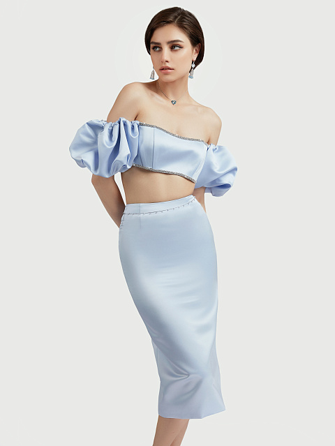 Light Blue Rhinestones Trimmed Satin Top, 5