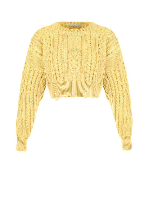 Yellow Cotton Cropped Cable Knit Sweater, 1