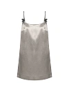 Платье-сорочка мини из серебристо-серого атласа, бретели украшены стразами и бантиками Платье-сорочка мини из серебристо-серого атласа, бретели украшены стразами и бантиками