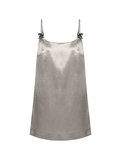 Silver satin mini dress with rhinestone bows, 1
