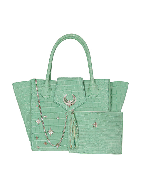 Mint Crocodile Leather Silver Crescent & Stars Bag, 4