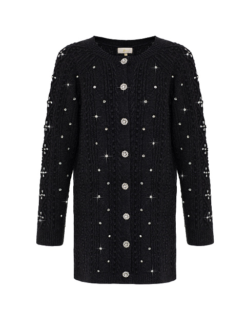 Black Rhinestones Long Wool Cardigan, 1