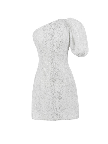 White Asymmetric Lace Mini Dress , 1