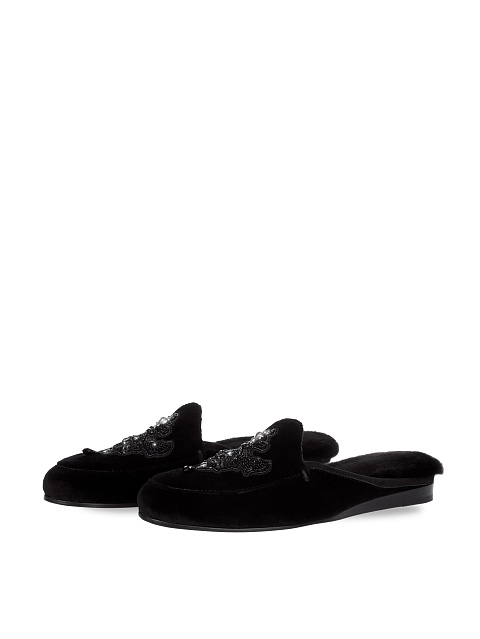 Black Suede Mink Fur Mules, 1