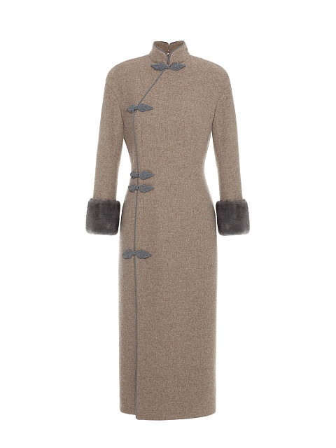 Beige Wool Midi Dress With Mink Fur Cuffs, 1 Beige Wool Midi Dress With Mink Fur Cuffs, 1