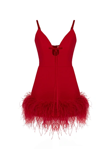 Red Feather Trim Jersey Mini Dress, 1