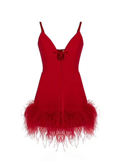 Red Feather Trim Jersey Mini Dress, 1