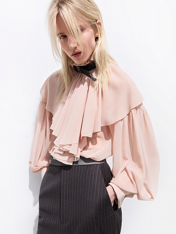 Beige chiffon blouse with ruffles and ribbon, 2