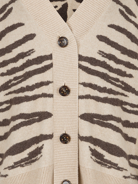 Beige Cashmere Tiger Printed Cardigan, 4