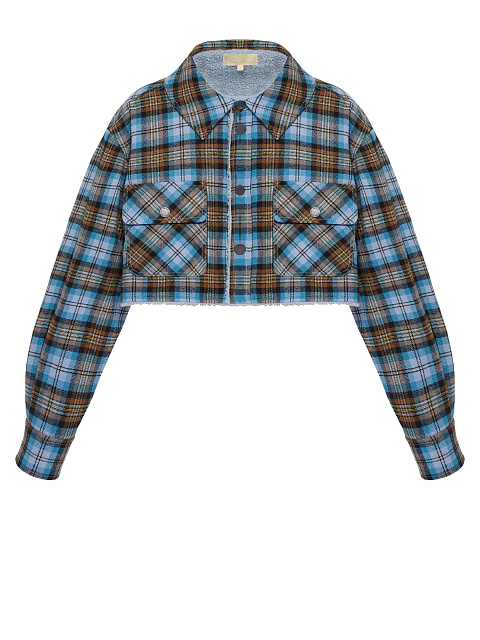 Blue Checked Cropped Faux Fur Lined Shirt, 1 Blue Checked Cropped Faux Fur Lined Shirt, 1