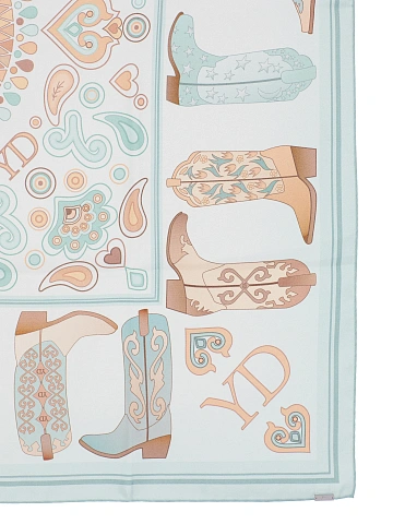 Light blue silk scarf with brown western-style print, 2
