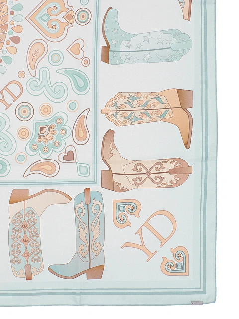 Light blue silk scarf with brown western-style print, 2