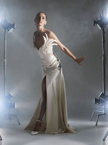 Beige Open Shoulder Feather Silk Maxi Dress, 2