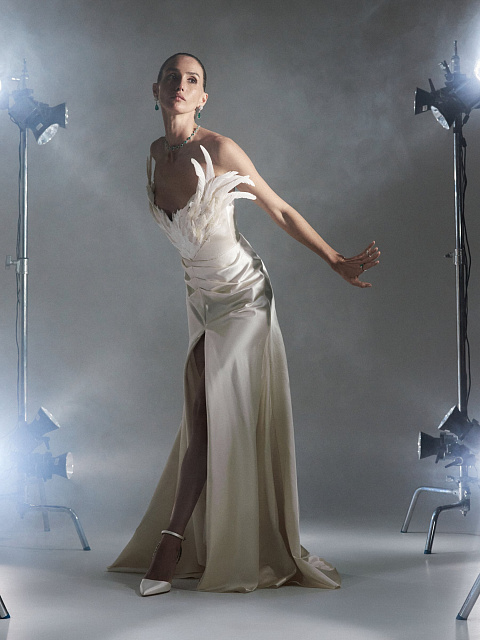 Beige Open Shoulder Feather Silk Maxi Dress, 2