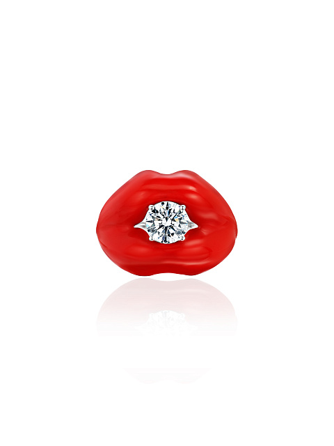 Lips-shaped ring with red enamel and LG diamond, 3 Lips-shaped ring with red enamel and LG diamond, 3