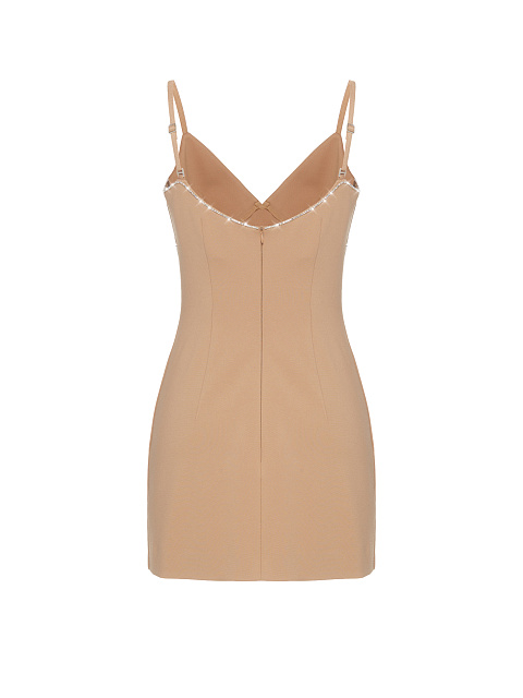 Beige Rayon Rhinestone Mini Dress, 2