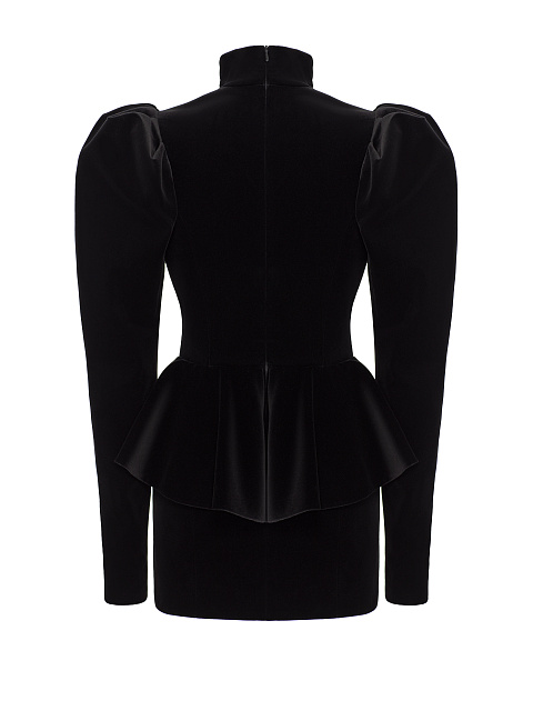 Black Lace Trim Peplum Velvet Mini Dress, 2
