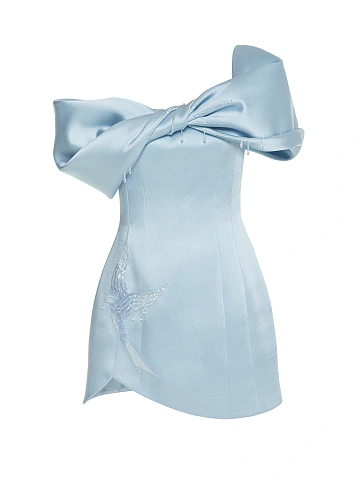 Light Blue Embroidered & Draped Silk Mini Dress, 1